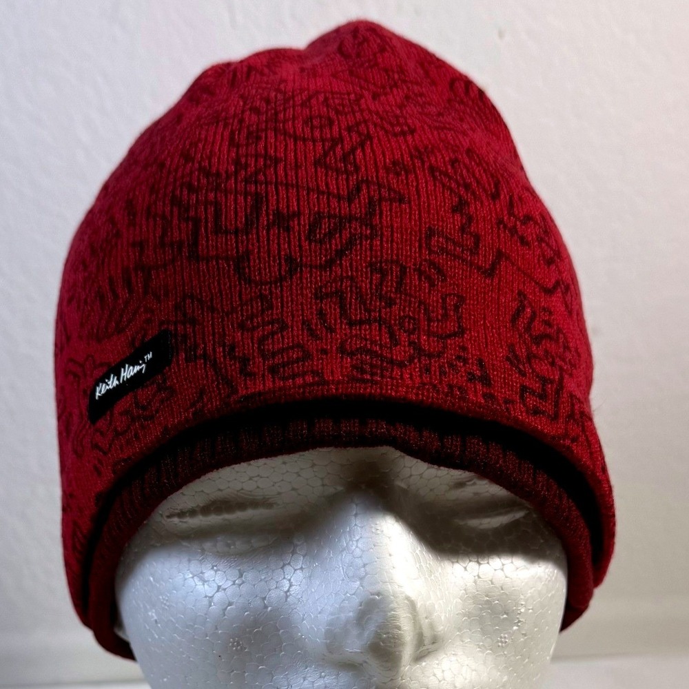 Keith Haring Beanie Unisex OS Red Black Doodle Print Knit Hat Streetwear Art